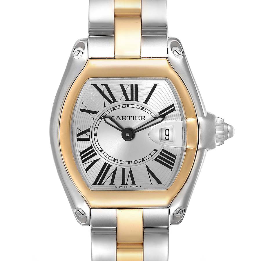 This image shows a front view of a Cartier Roadster W62026Y4 Women's Steel and Gold (two tone) Silver Dial W62026Y4 Women's Steel and Gold (two tone) Silver Dial watch, highlighting its dial, date display, and two-tone band.