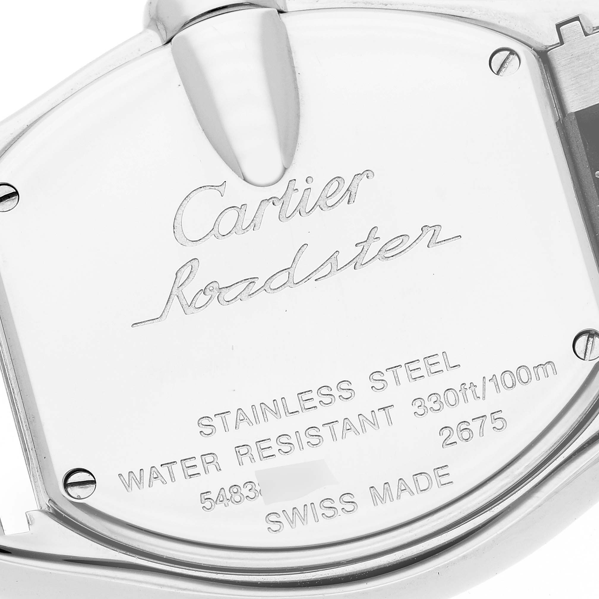 The image shows the back case of a Cartier Roadster W62026Y4 Women's Steel and Gold (two tone) Silver Dial W62026Y4 Women's Steel and Gold (two tone) Silver Dial watch, displaying branding and specifications.