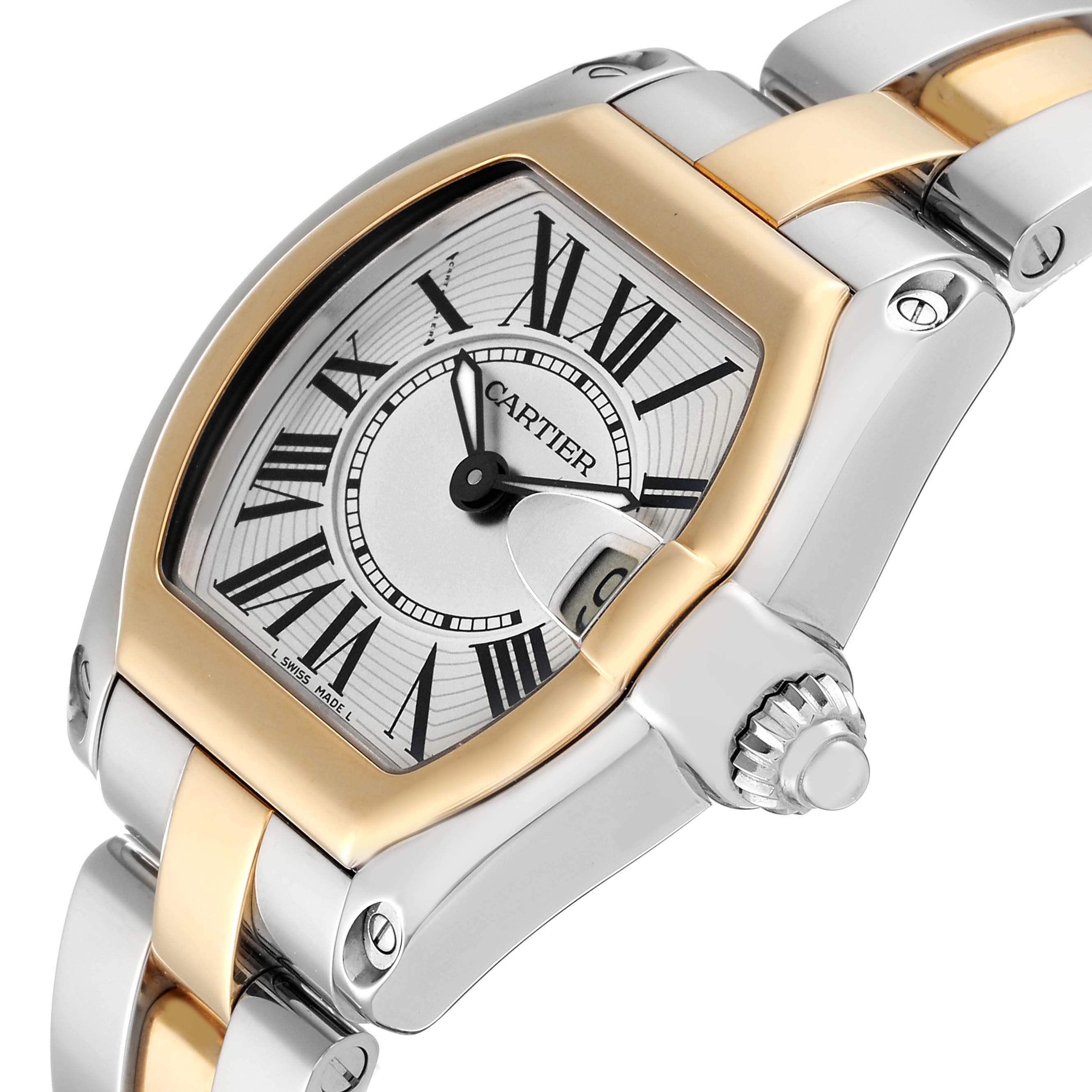 This image shows a close-up angle of the Cartier Roadster W62026Y4 Women's Steel and Gold (two tone) Silver Dial W62026Y4 Women's Steel and Gold (two tone) Silver Dial watch, highlighting the dial, bezel, and part of the bracelet.