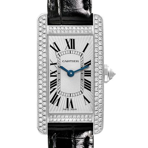This image shows the front view of the Cartier Tank Americaine WB704431 Women's White Gold Silver Dial WB704431 Women's White Gold Silver Dial watch, highlighting its rectangular face, diamond-set bezel, and leather strap.
