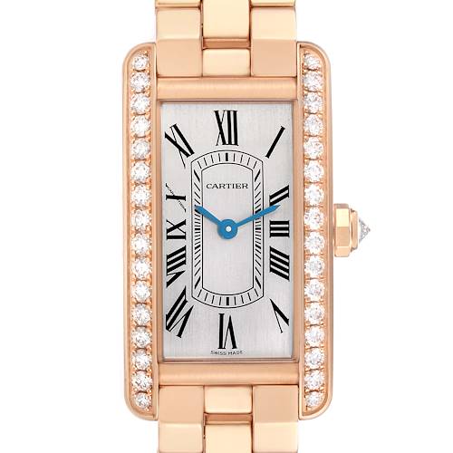 The image shows a Cartier Tank Américaine model WJTA0044 men's watch from the front, highlighting the rectangular case, diamond-set bezel, and bracelet links.