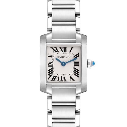 The Cartier Tank Francaise model W51008Q3 is shown from a front angle, displaying the watch face, Roman numerals, blue hands, and stainless steel bracelet.