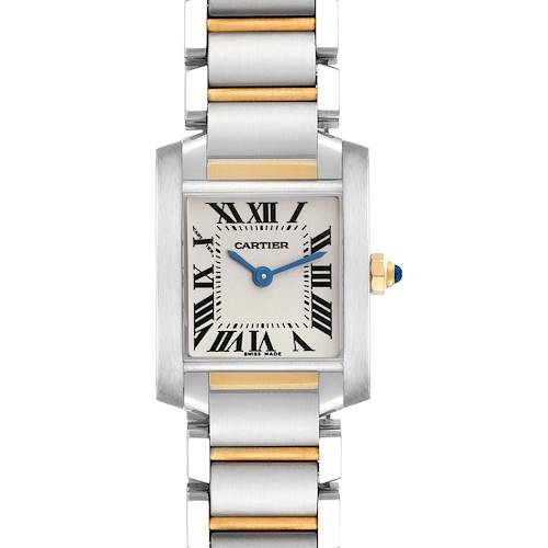 The image shows a front view of the Cartier Tank Francaise W51007Q4 Women's Stainless Steel Silver Dial W51007Q4 Women's Stainless Steel Silver Dial watch, highlighting its face, bracelet, and crown.