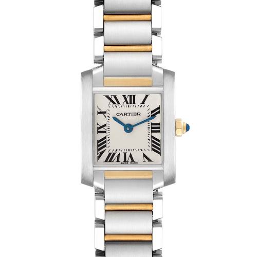 The image shows a front view of the Cartier Tank Française men's watch, model number W51007Q4, highlighting the dial, bracelet, and crown.