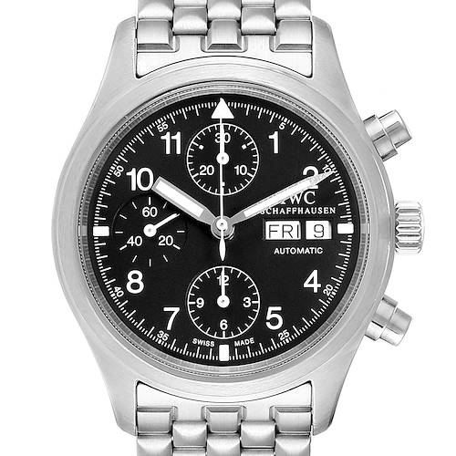 This IWC Pilot IW370607 Men's Stainless Steel Black Dial IW370607 Men's Stainless Steel Black Dial model watch is shown from the front, displaying its face with three subdials, day/date windows, and bezel.