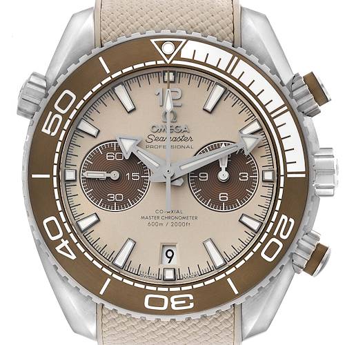 The image shows a front view of the Omega Planet Ocean 215.32.46.51.09.001 Men's Stainless Steel Beige Dial 215.32.46.51.09.001 Men's Stainless Steel Beige Dial watch, highlighting its dial, bezel, and chronograph subdials.