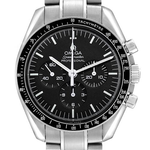 The Omega Speedmaster model 311.30.42.30.01.005 is shown from the front, highlighting the dial, tachymeter bezel, pushers, crown, and stainless steel bracelet.