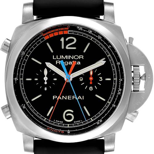 This image shows the front view of a Panerai Luminor PAM00526 Men's Titanium Black Dial PAM00526 Men's Titanium Black Dial Regatta watch, displaying the dial, crown, and strap.