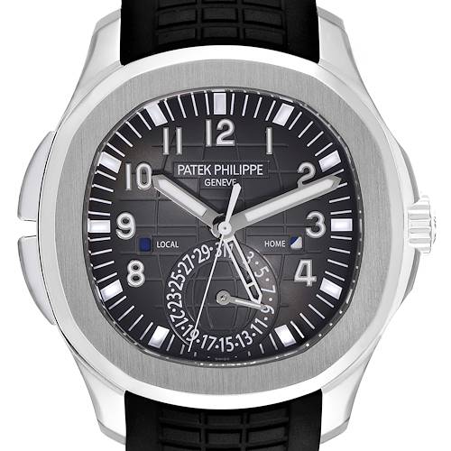 The image shows a front view of the Patek Philippe Aquanaut model 5164A-001, displaying the dial, hands, date subdial, and part of the strap.