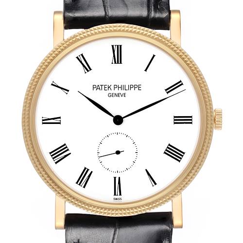 The Patek Philippe Calatrava model 5119J-001 is shown from the front, displaying its Roman numeral dial, gold case, textured bezel, and leather strap attachment.