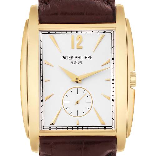 The image shows a front view of the Patek Philippe Gondolo 5124J Men's Yellow Gold Silver Dial 5124J Men's Yellow Gold Silver Dial watch, highlighting its face, hands, and brown leather strap.
