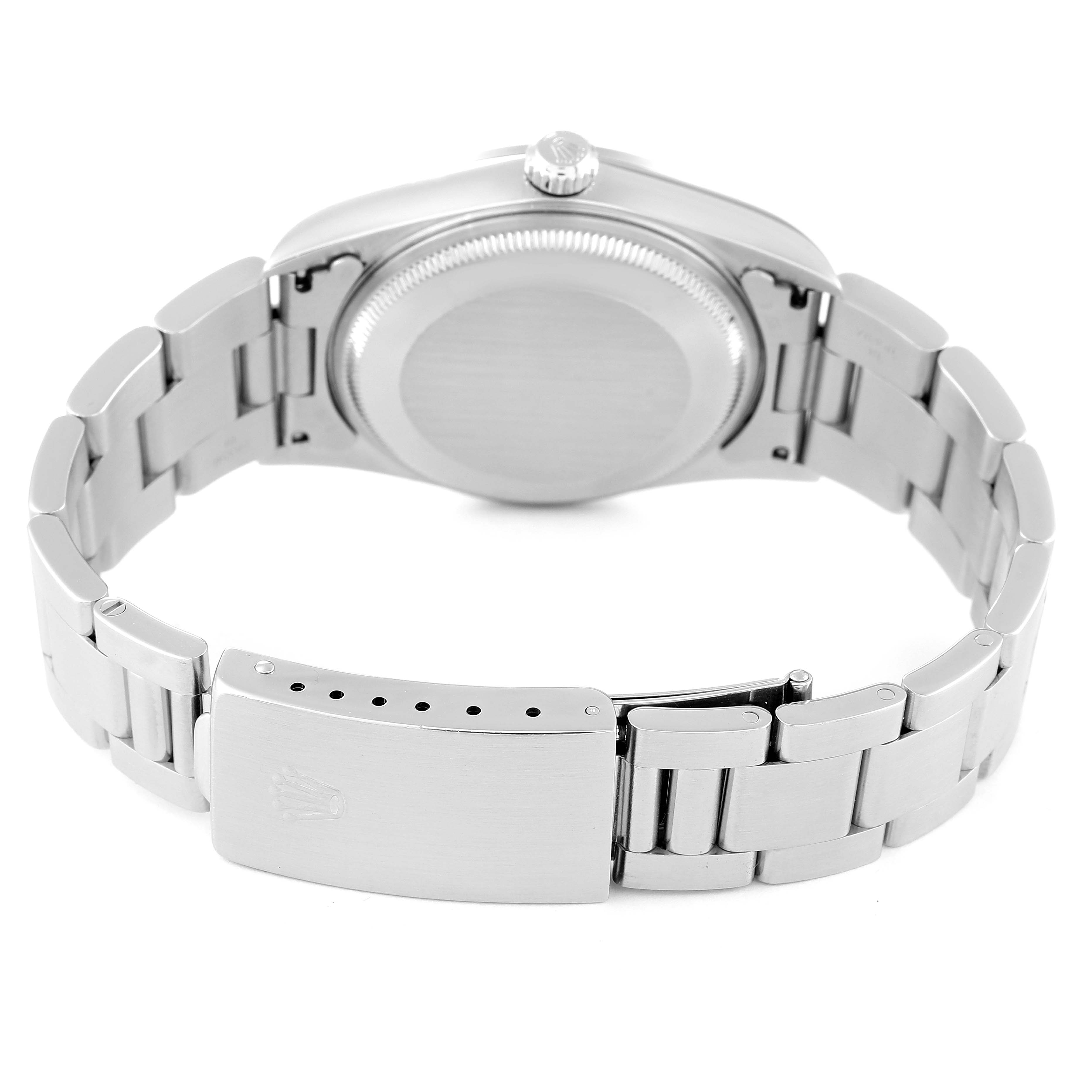 The image shows the back of a Rolex Air-King 14000 Men's Stainless Steel Blue Dial 14000 Men's Stainless Steel Blue Dial watch, highlighting the case back, crown, and the bracelet with the clasp open.