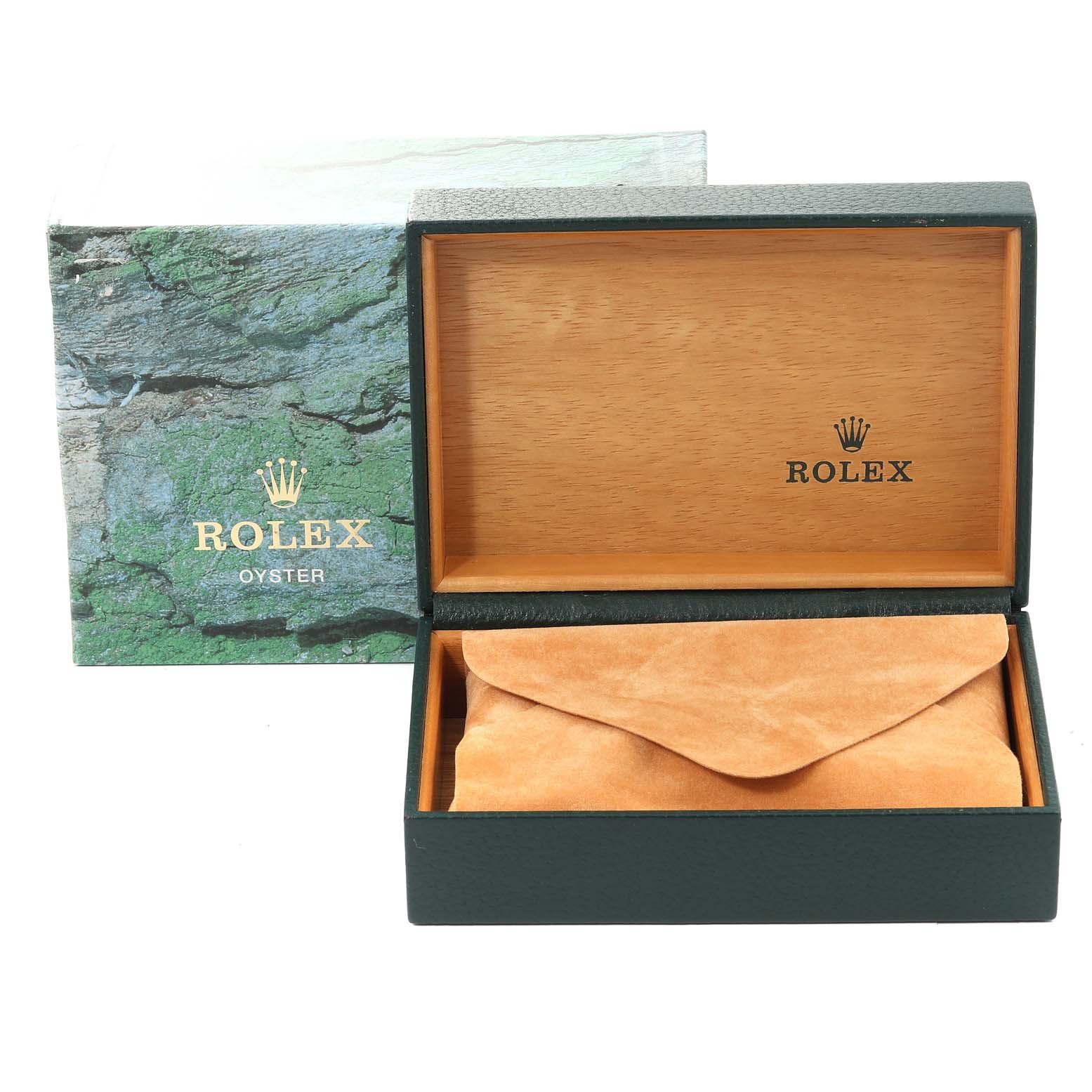 The image shows the open box for a Rolex Air-King 14000 Men's Stainless Steel Blue Dial 14000 Men's Stainless Steel Blue Dial watch with a green outer box and wooden inner box.