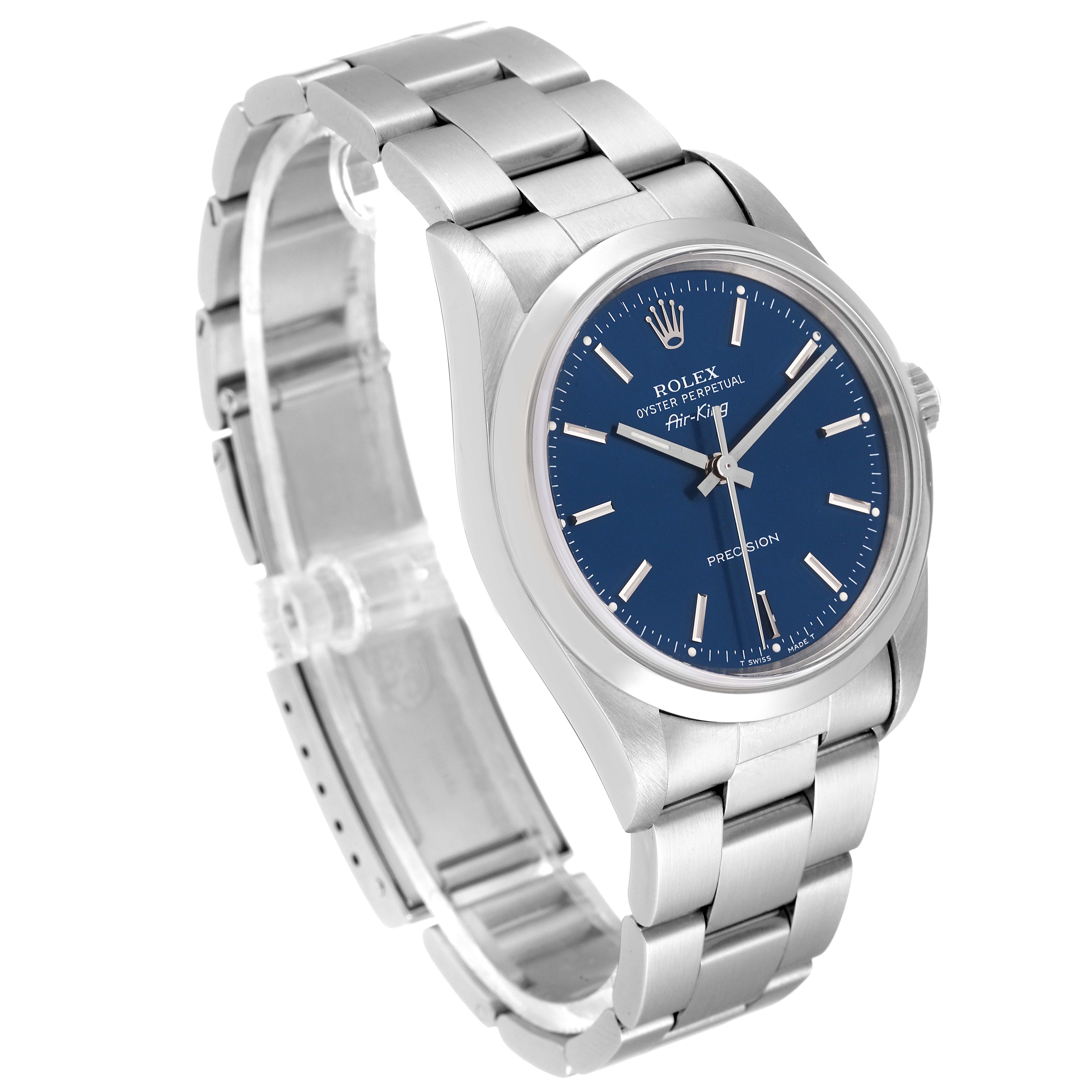 The Rolex Air-King 14000 Men's Stainless Steel Blue Dial 14000 Men's Stainless Steel Blue Dial watch is viewed from an angled perspective, showing the face, case, and full bracelet.