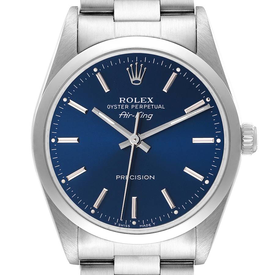 The image shows a front view of a Rolex Air-King 14000 Men's Stainless Steel Blue Dial 14000 Men's Stainless Steel Blue Dial watch, highlighting the blue dial, hour markers, hands, and part of the bracelet.