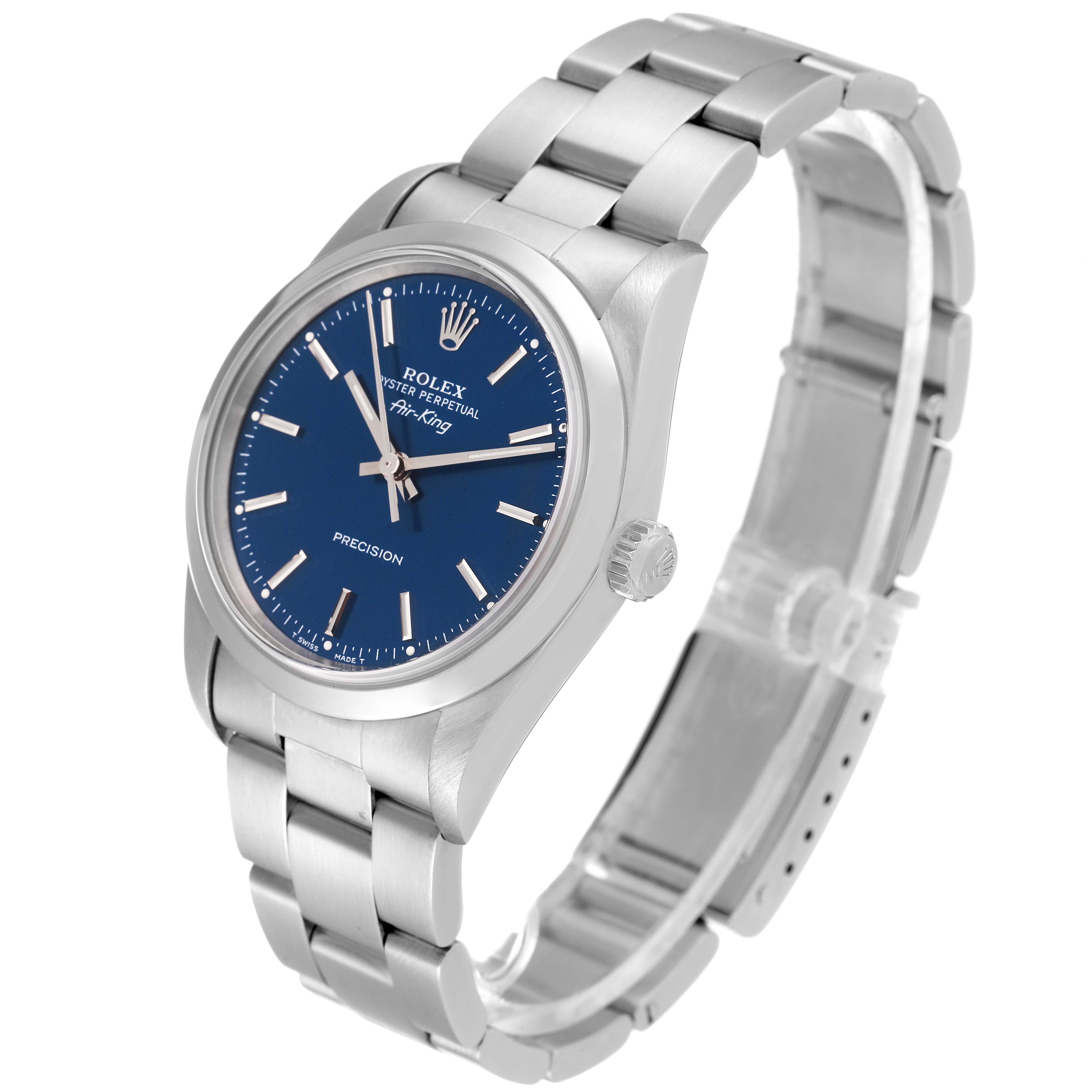 The Rolex Air-King 14000 Men's Stainless Steel Blue Dial 14000 Men's Stainless Steel Blue Dial watch is shown at a three-quarter angle, displaying the face, bracelet, and crown.