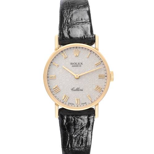 The watch is a Rolex Cellini 5109 Women's Yellow Gold White Dial 5109 Women's Yellow Gold White Dial model, shown from the front displaying its dial, case, and black leather strap.