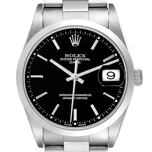 This image displays a front view of a Rolex Oyster Perpetual Date watch, showing the dial, hour markers, hands, and date window.