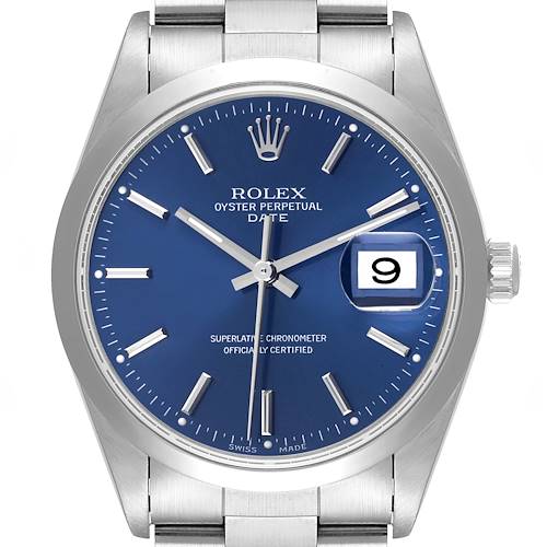 This image shows a front view of the Rolex Oyster Perpetual Date watch with a blue dial.