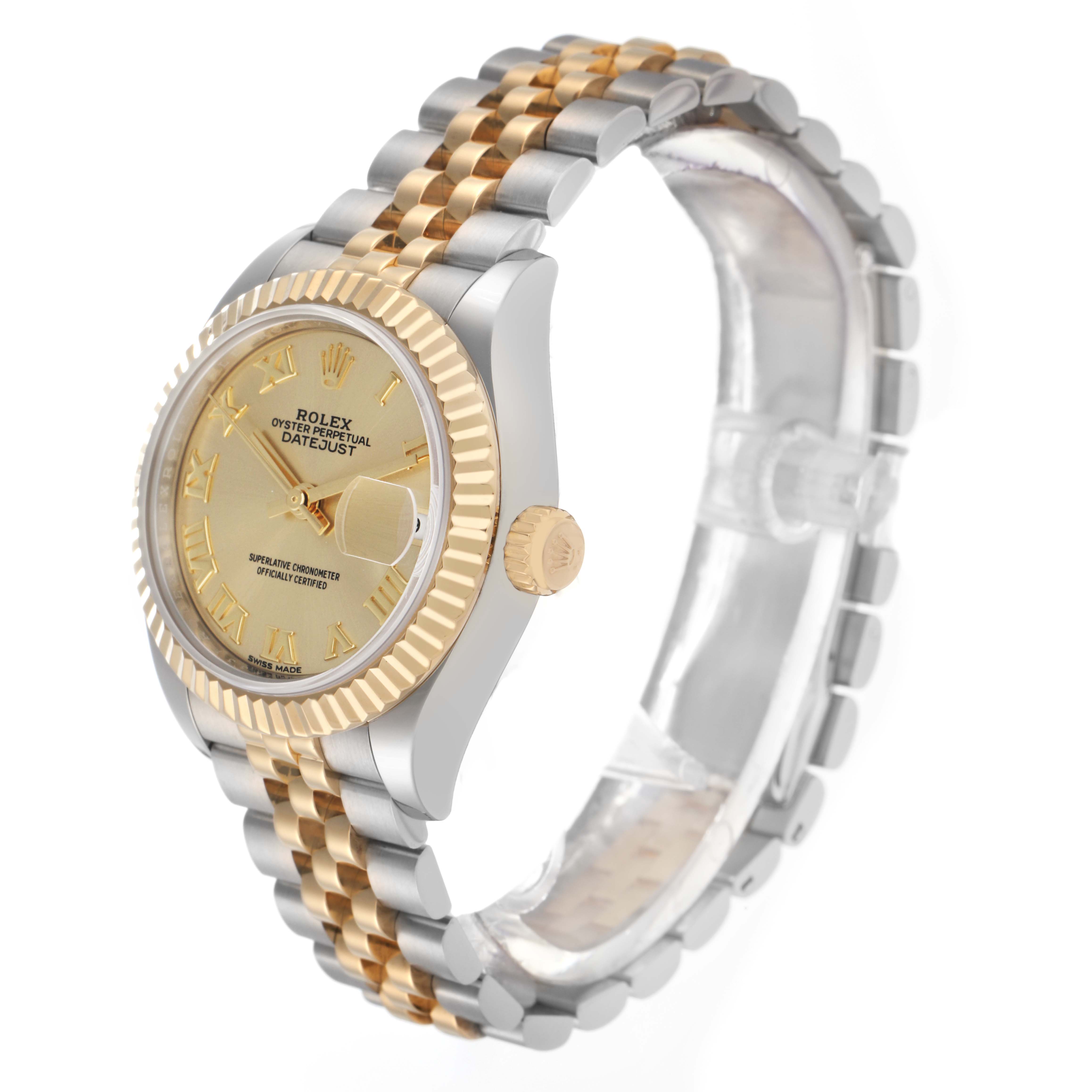 The Rolex Datejust model 279173 men's watch is angled to show the side and part of the bracelet, highlighting the gold bezel and two-tone links.