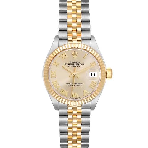 The Rolex Datejust model 279173 is shown from a front view, displaying its dial, bezel, bracelet, and date window clearly.