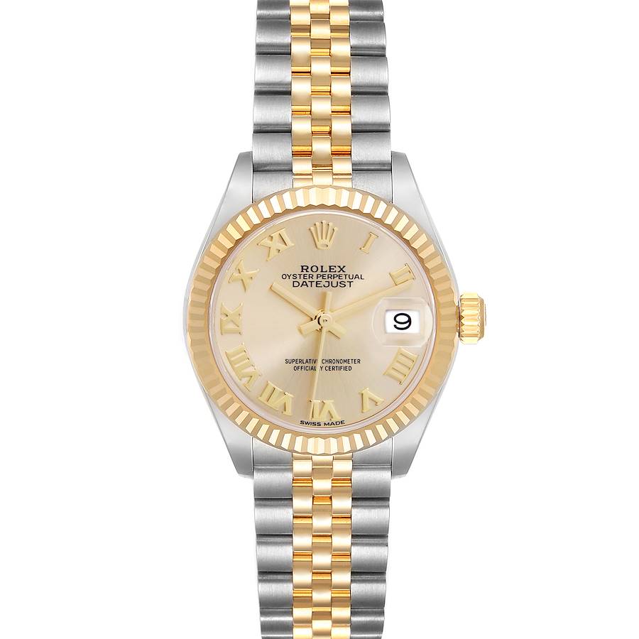 The Rolex Datejust 279173 watch is shown from the front, displaying the face, bezel, crown, and part of the bracelet with its Jubilee links.