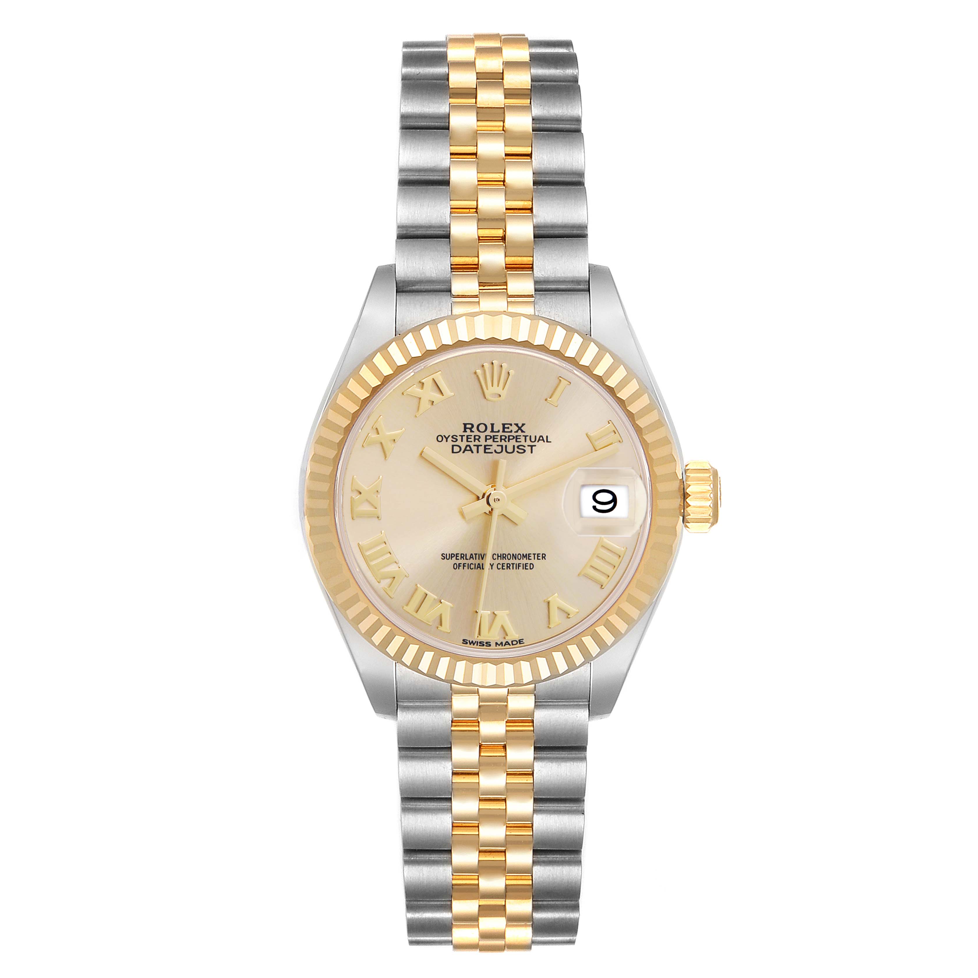 The image shows a frontal view of the Rolex Datejust model 279173 watch, highlighting its two-tone bracelet, gold fluted bezel, and champagne dial.