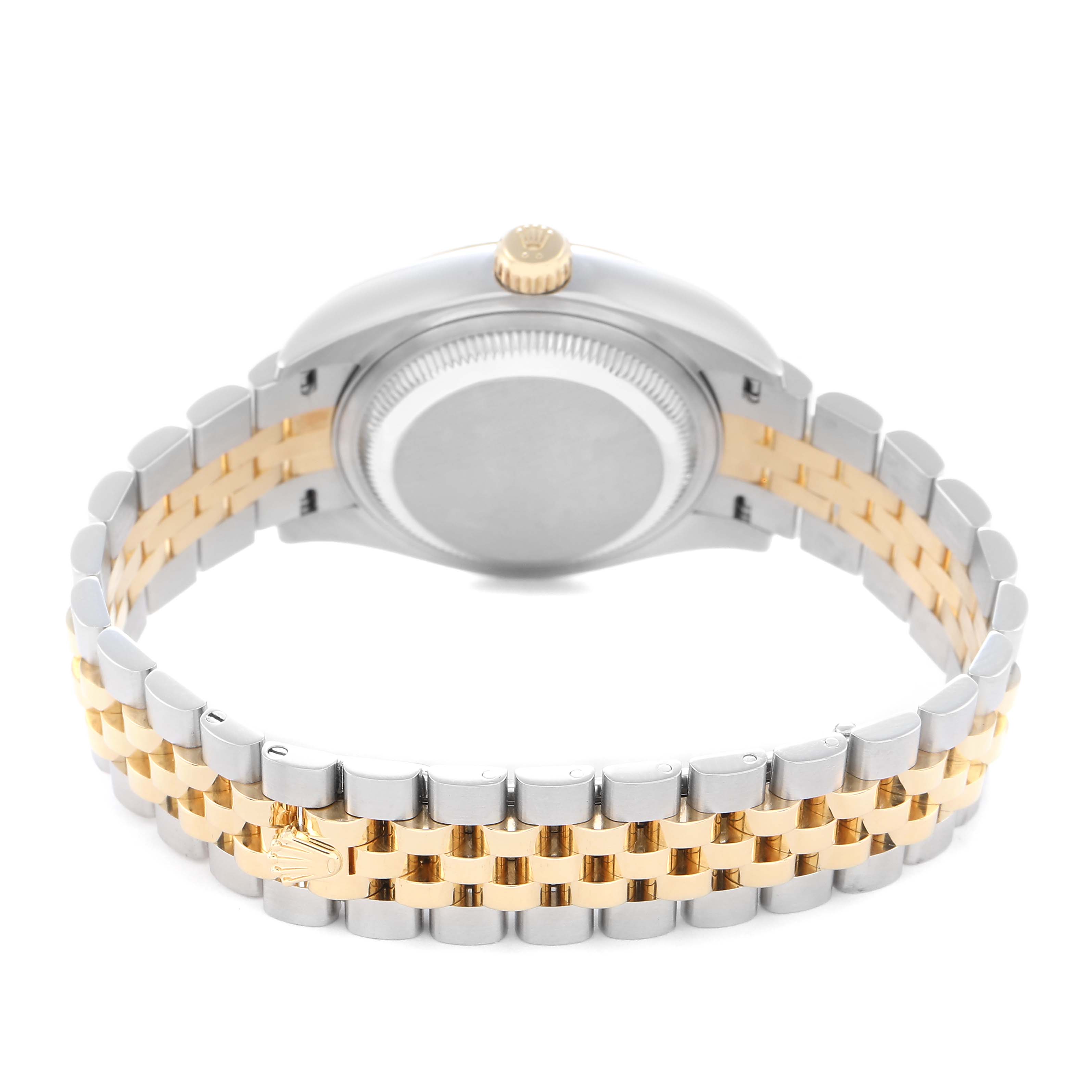 The image shows the back of a Rolex Datejust model 279173 men's watch with its bracelet partially visible, highlighting the dual-tone metal links and the case back.