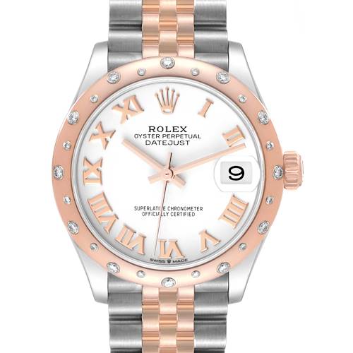 This image shows a front view of a Rolex Oyster Perpetual Datejust Mid-Size watch, featuring a two-tone bracelet and diamond-set bezel.