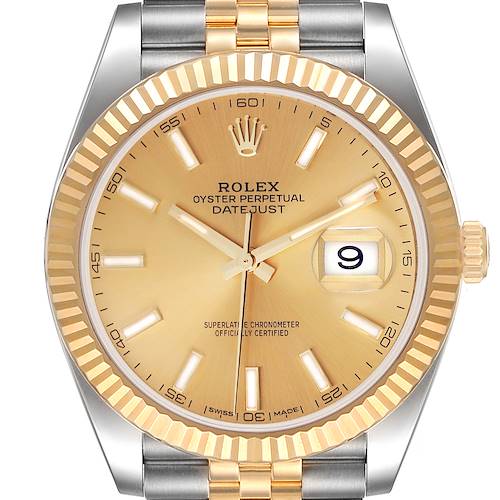 The image shows a Rolex Datejust 41 126333 Men's Steel and Gold (two tone) Champagne Dial 126333 Men's Steel and Gold (two tone) Champagne Dial watch's face, featuring a gold-tone dial and fluted bezel, with a date display at 3 o'clock.