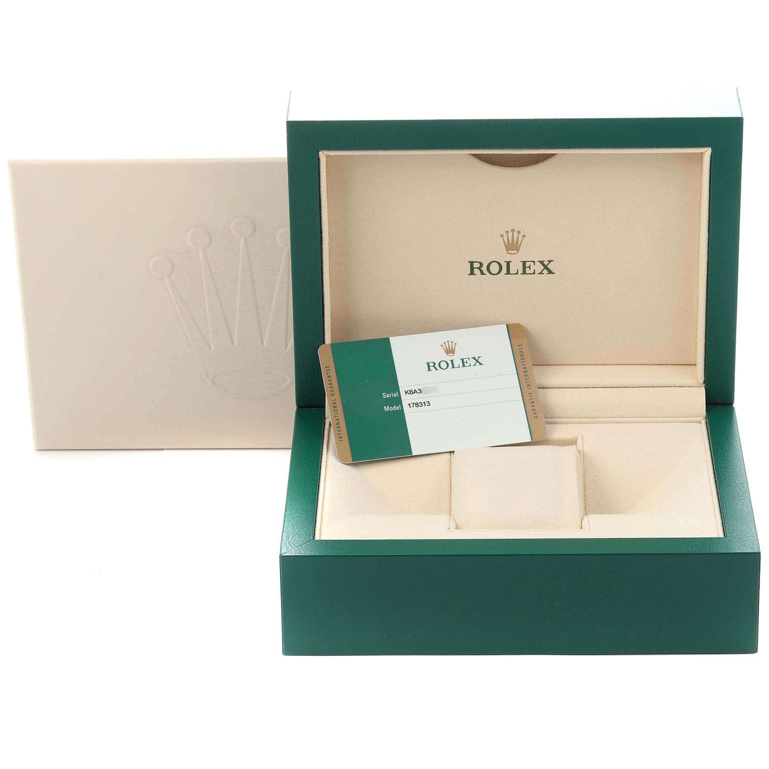 The image shows a Rolex watch box and warranty card for the Mid-Size model 178313 men's watch.
