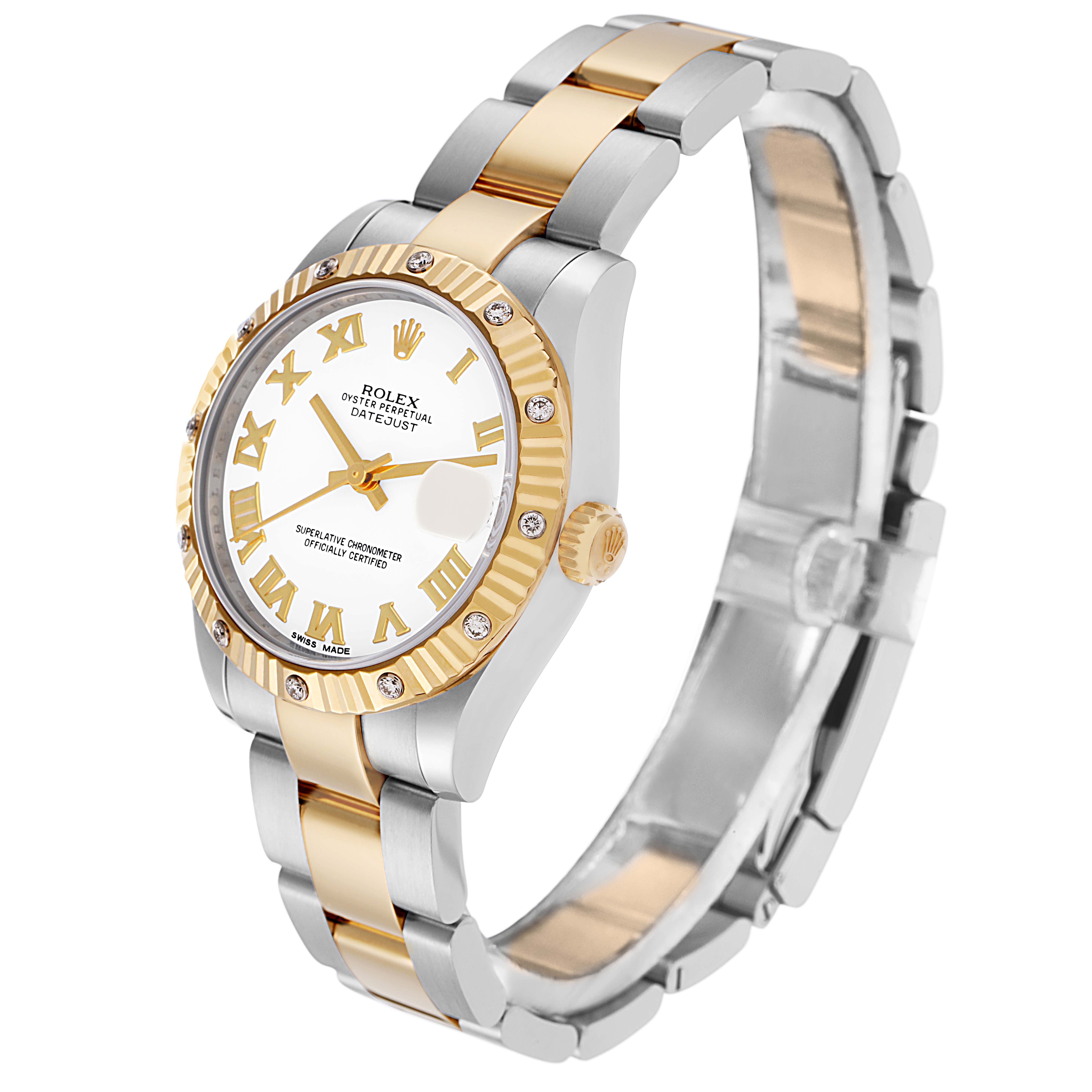 The Rolex Datejust 178313 watch is shown at an angle displaying the face, bezel, crown, and two-tone oyster bracelet.