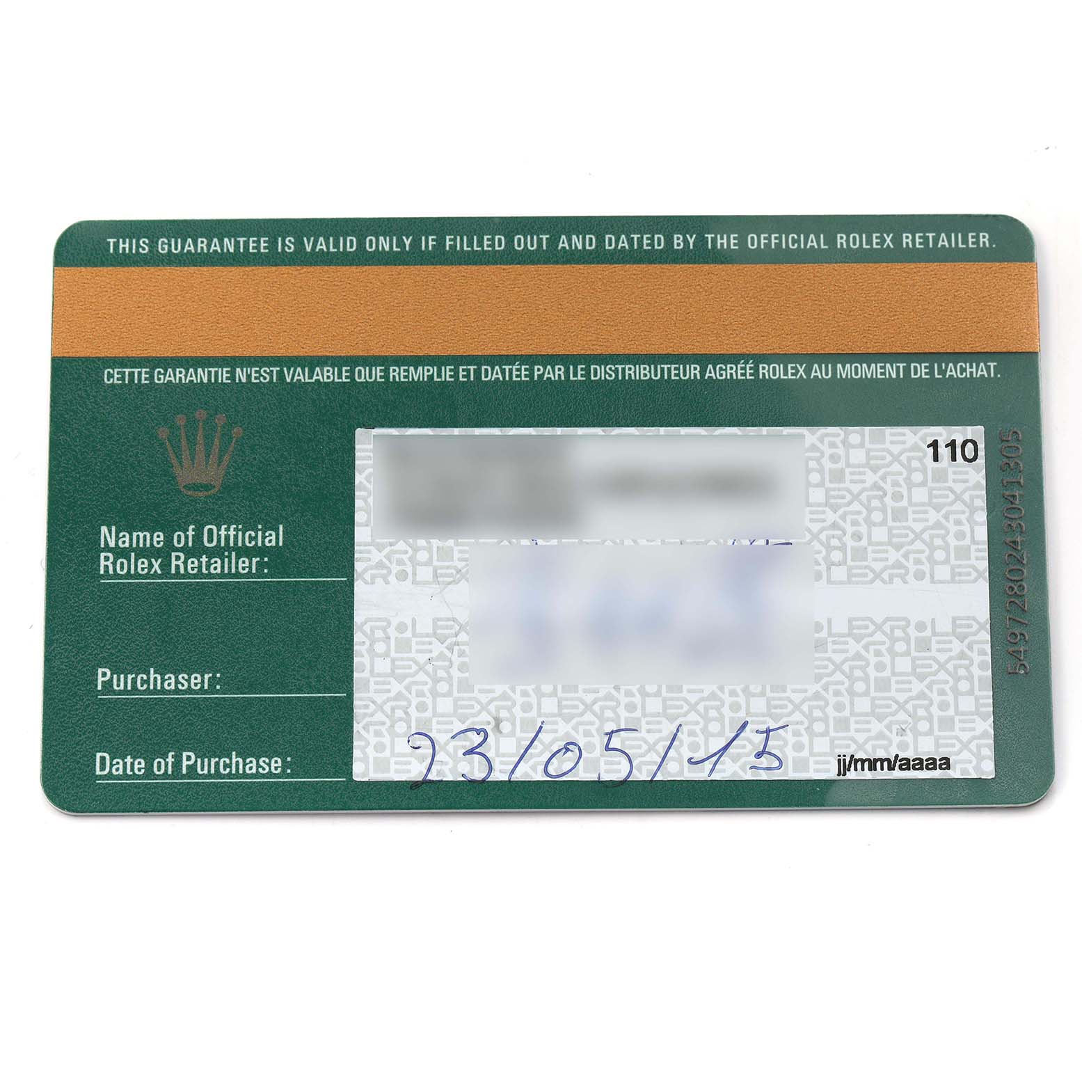 The image shows a Rolex guarantee card for the Mid-Size model, model number 178313, with details like the retailer's name and purchase date fields visible.