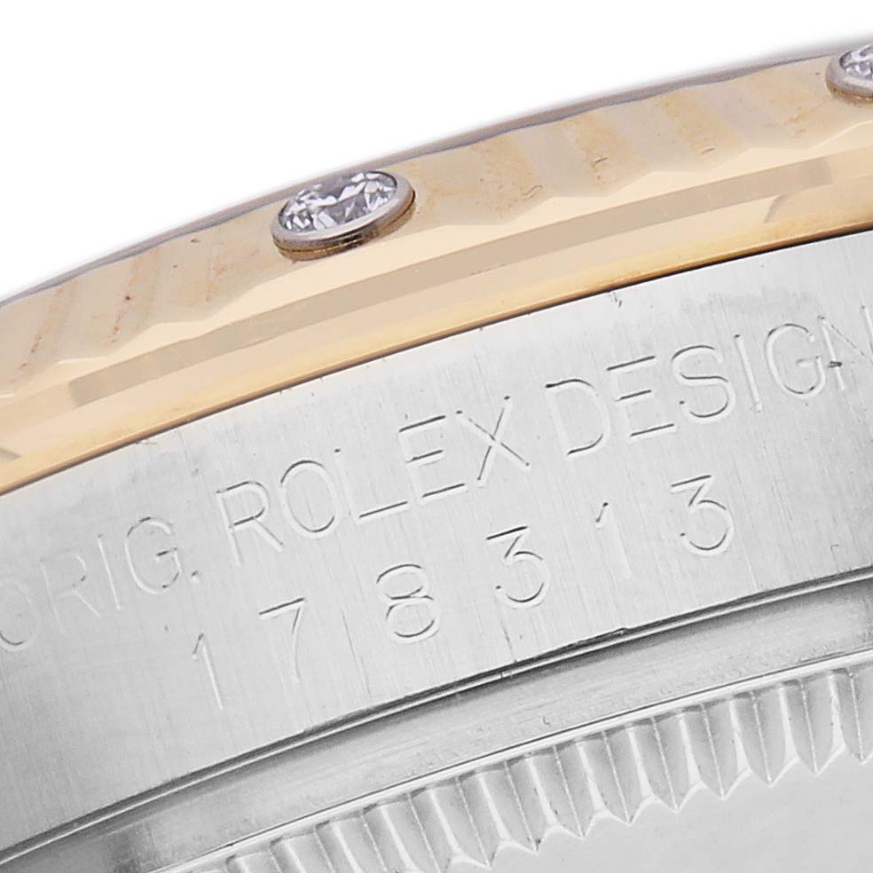 The image shows the side view of a Rolex Mid-Size Men's watch, model 178313, highlighting the bezel with diamond details and engraved model number.