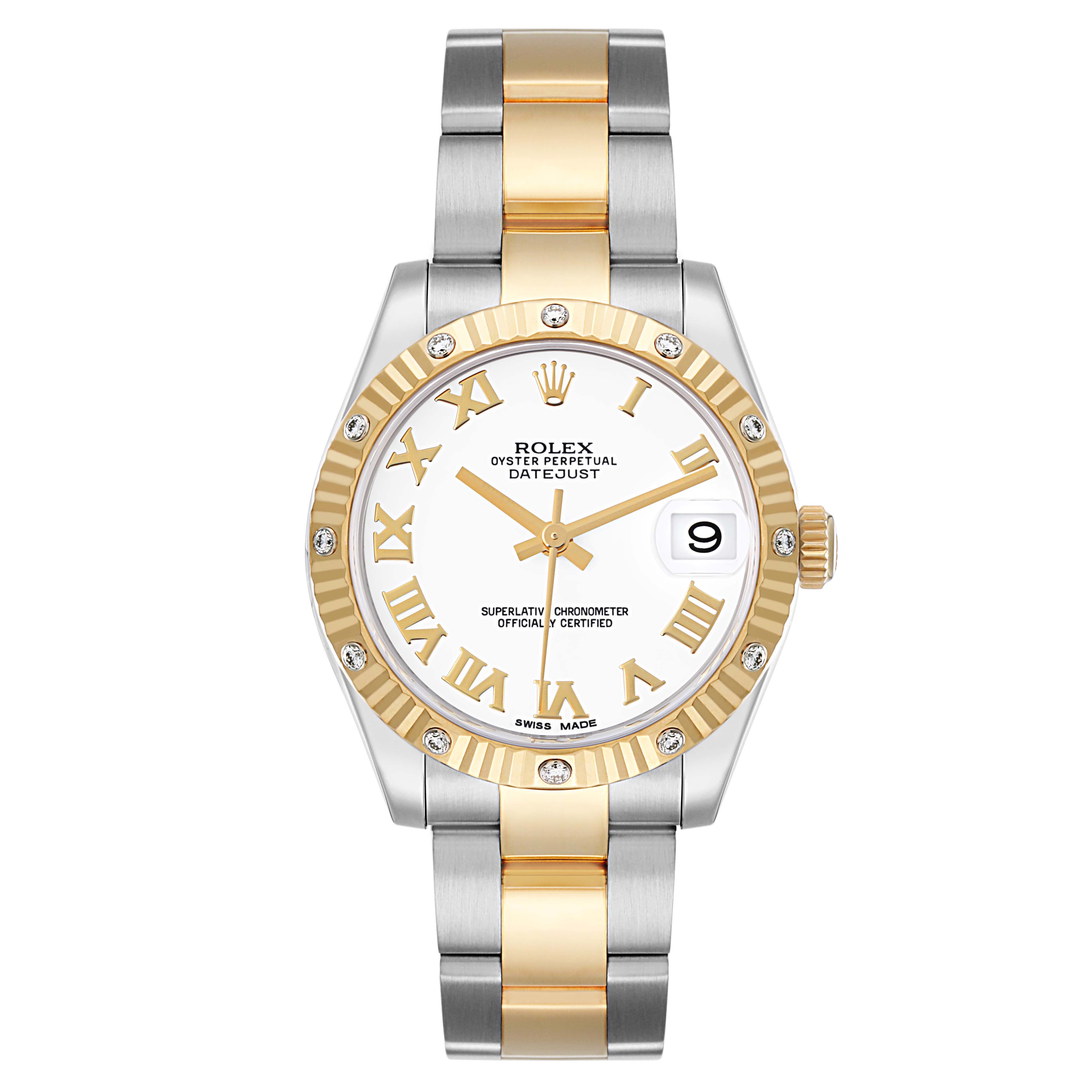 The Rolex watch model 178313 is shown from a top-down angle, displaying its two-tone bracelet, gold bezel, and white dial with Roman numerals and date window.