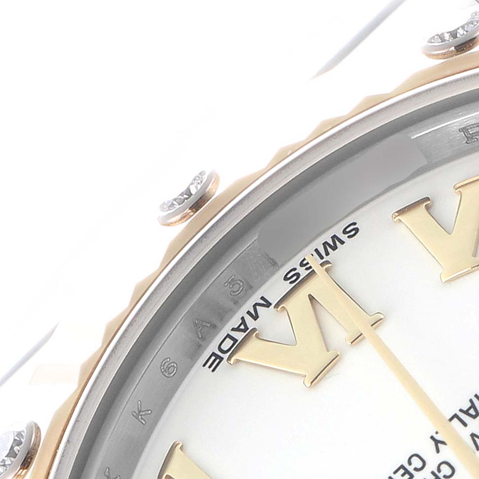 The image shows a partial close-up of the dial and bezel details of the Rolex Mid-Size Men's watch, model number 178313, highlighting the Roman numerals and diamond accents.