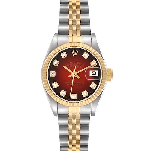 The image shows a front view of a Rolex Datejust watch, model number 69173, featuring a two-tone bracelet and a fluted bezel.