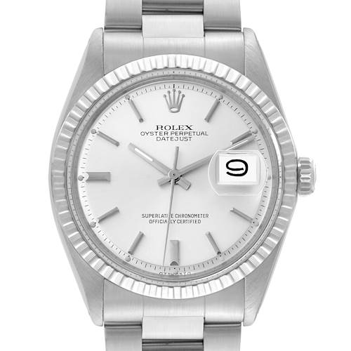 The image shows a front view of the Rolex Vintage Collection 1603 Men's Stainless Steel Silver Dial 1603 Men's Stainless Steel Silver Dial model, featuring the dial, date window, and bracelet.