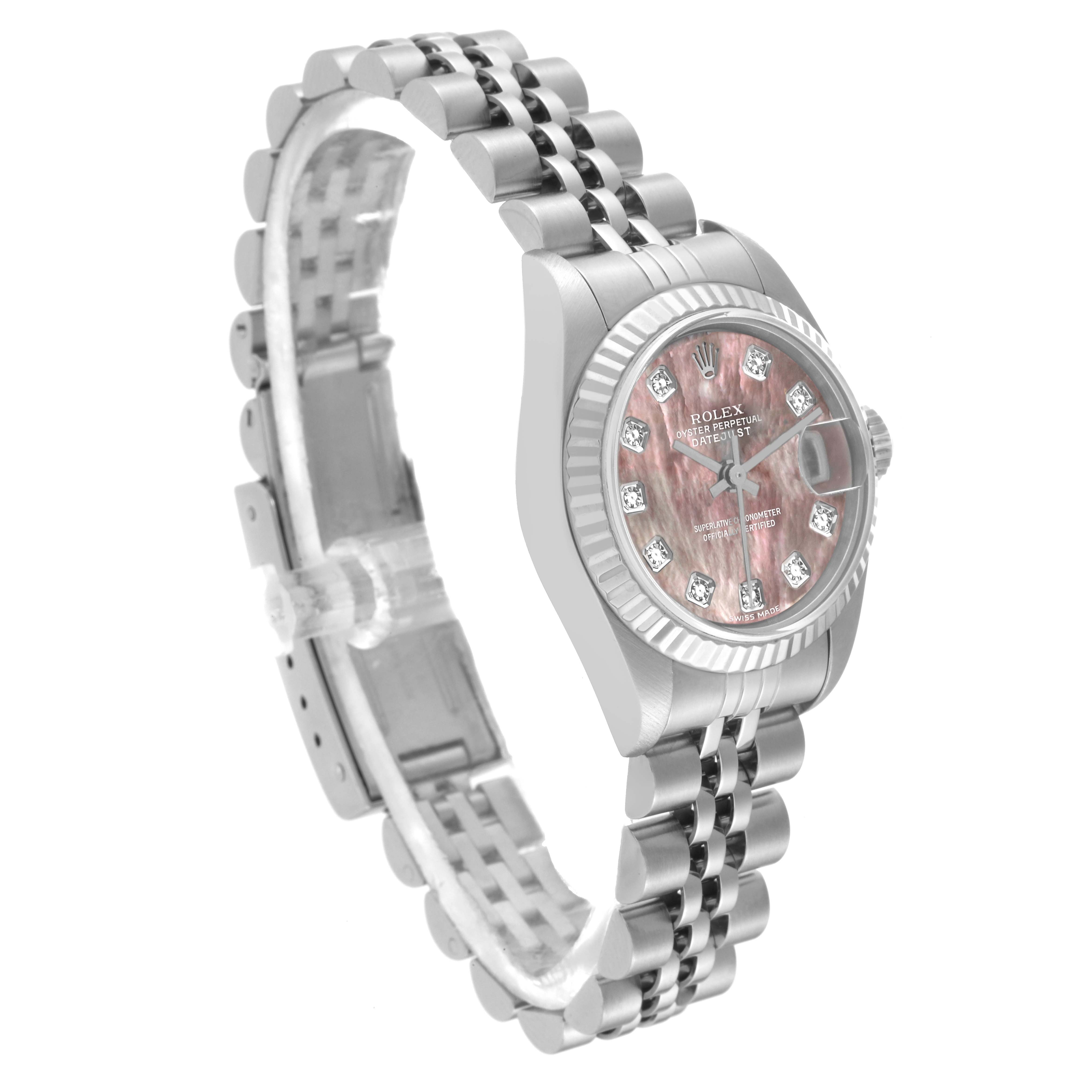 The image shows a side angle of a Rolex Datejust 79174 Women's Stainless Steel Mother of Pearl Dial 79174 Women's Stainless Steel Mother of Pearl Dial watch, highlighting the face, bezel, and part of the bracelet.