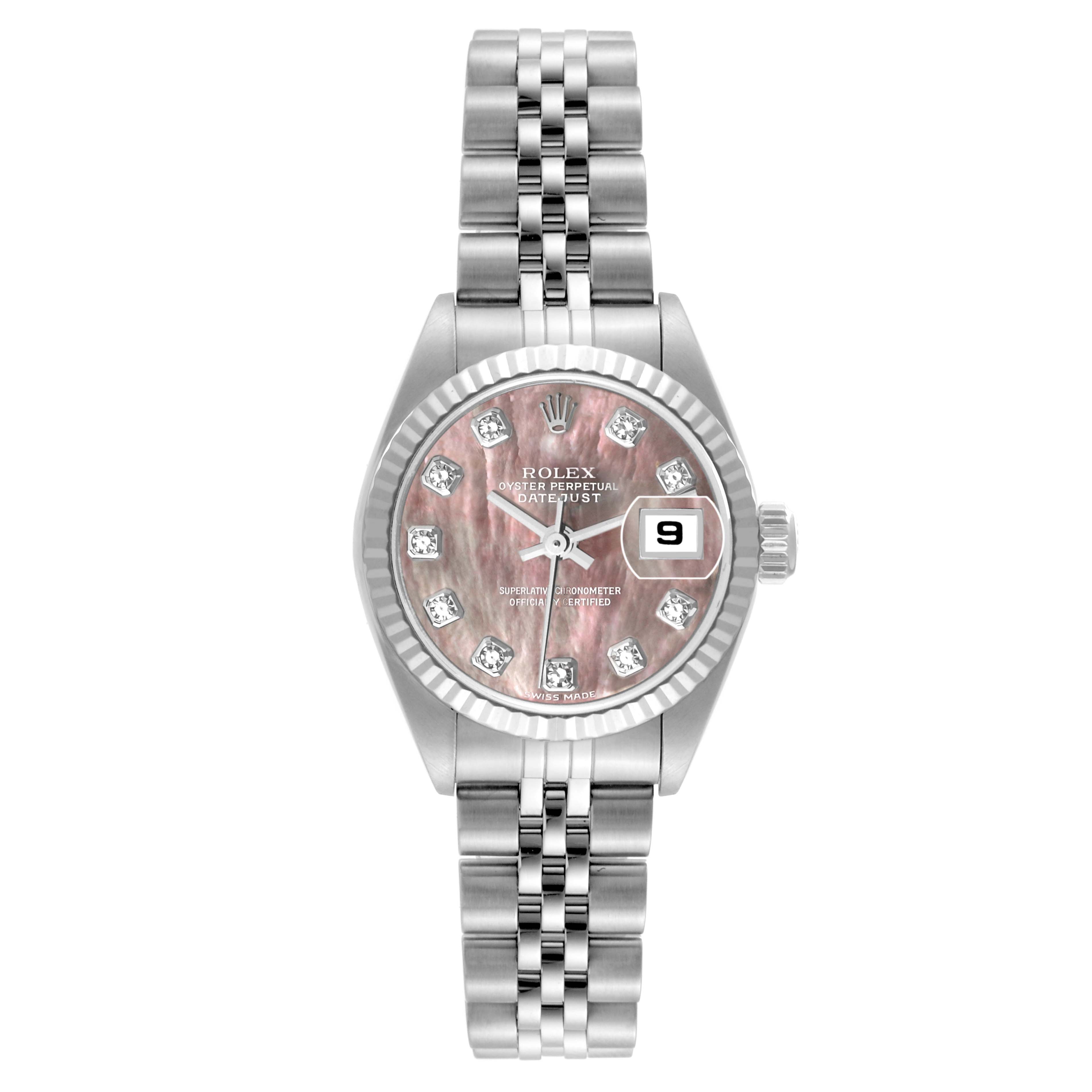 This image shows a front view of the Rolex Datejust 79174 Women's Stainless Steel Mother of Pearl Dial 79174 Women's Stainless Steel Mother of Pearl Dial watch, highlighting its dial, bezel, and bracelet.