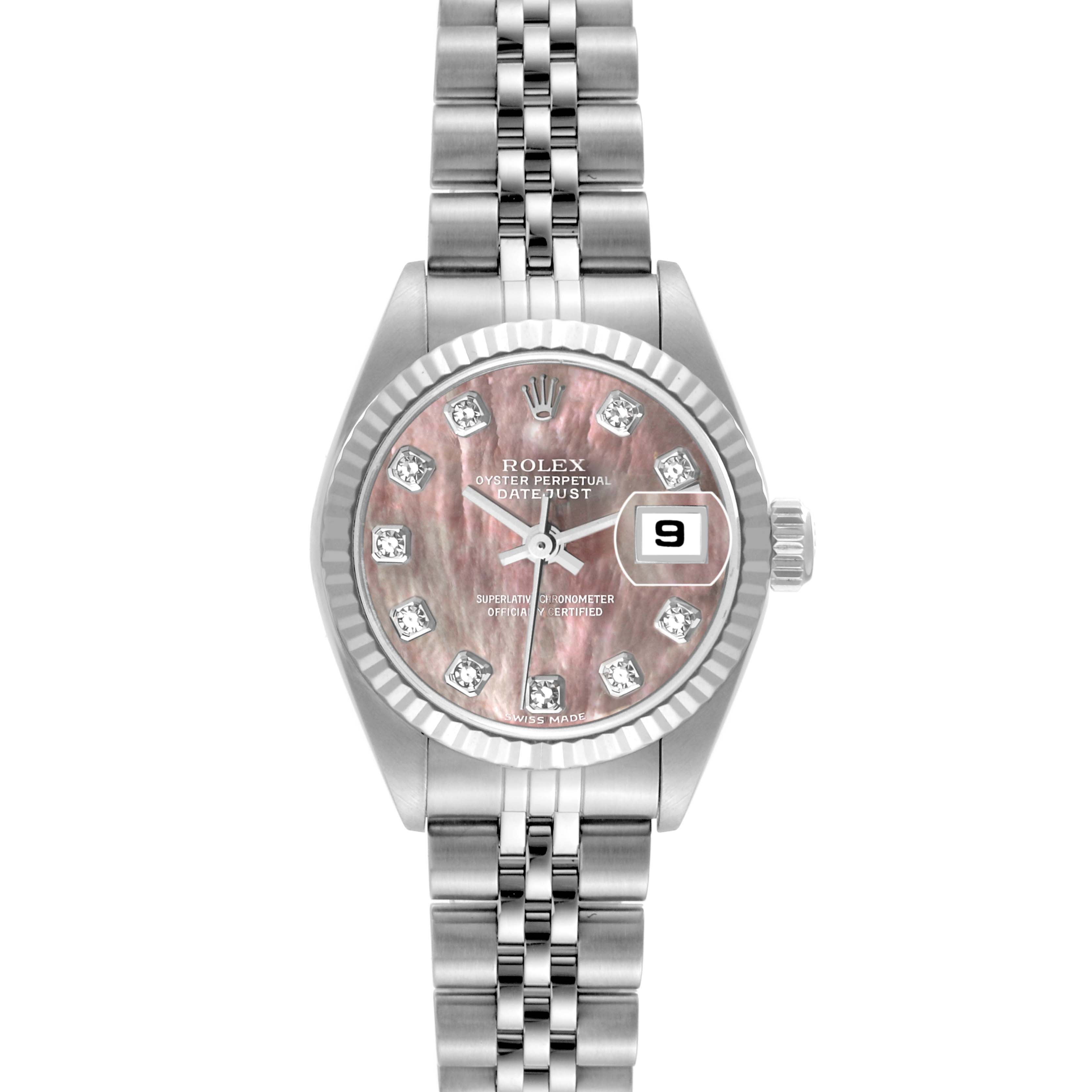 This image shows a Rolex Datejust 79174 Women's Stainless Steel Mother of Pearl Dial 79174 Women's Stainless Steel Mother of Pearl Dial watch from a top-down angle, highlighting its dial, bezel, and bracelet.
