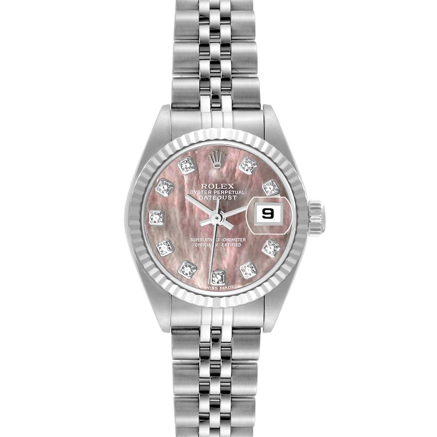 This image shows a Rolex Datejust 79174 Women's Stainless Steel Mother of Pearl Dial 79174 Women's Stainless Steel Mother of Pearl Dial watch from a top-down angle, highlighting its dial, bezel, and bracelet.