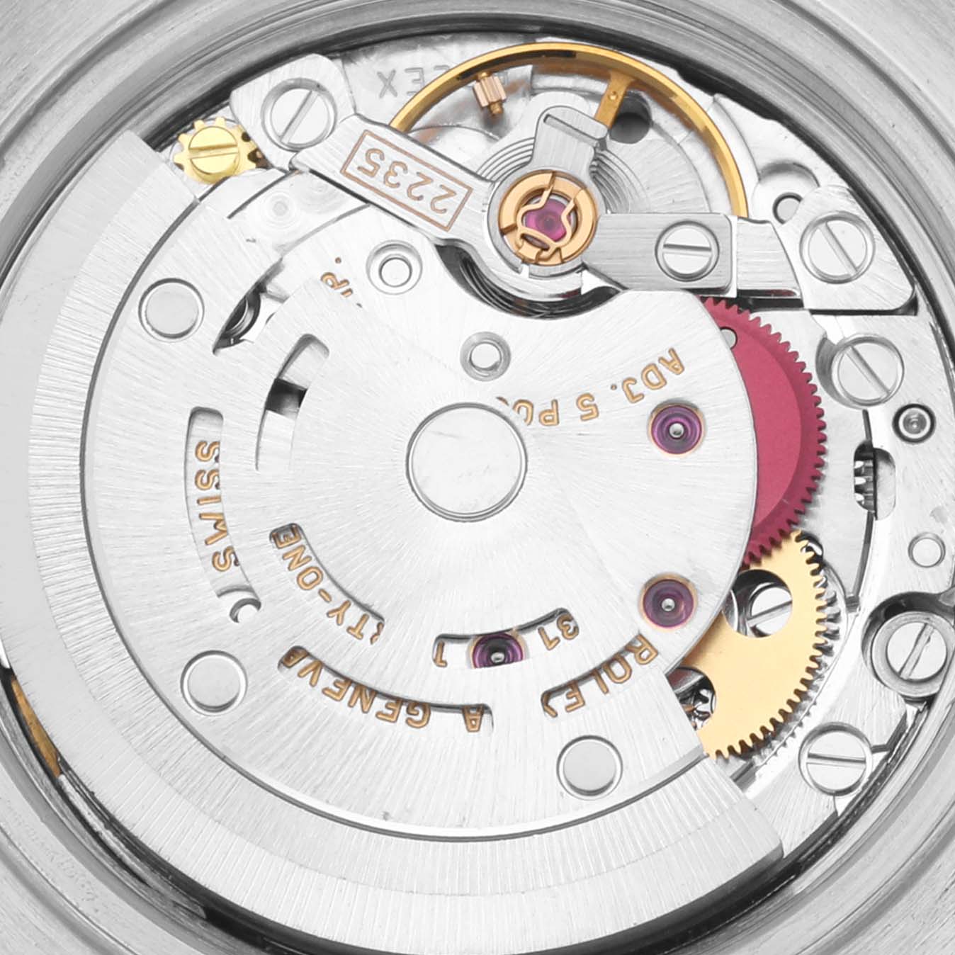 The image shows a close-up of the internal movement mechanism of a Rolex Datejust 79174 Women's Stainless Steel Mother of Pearl Dial 79174 Women's Stainless Steel Mother of Pearl Dial watch.