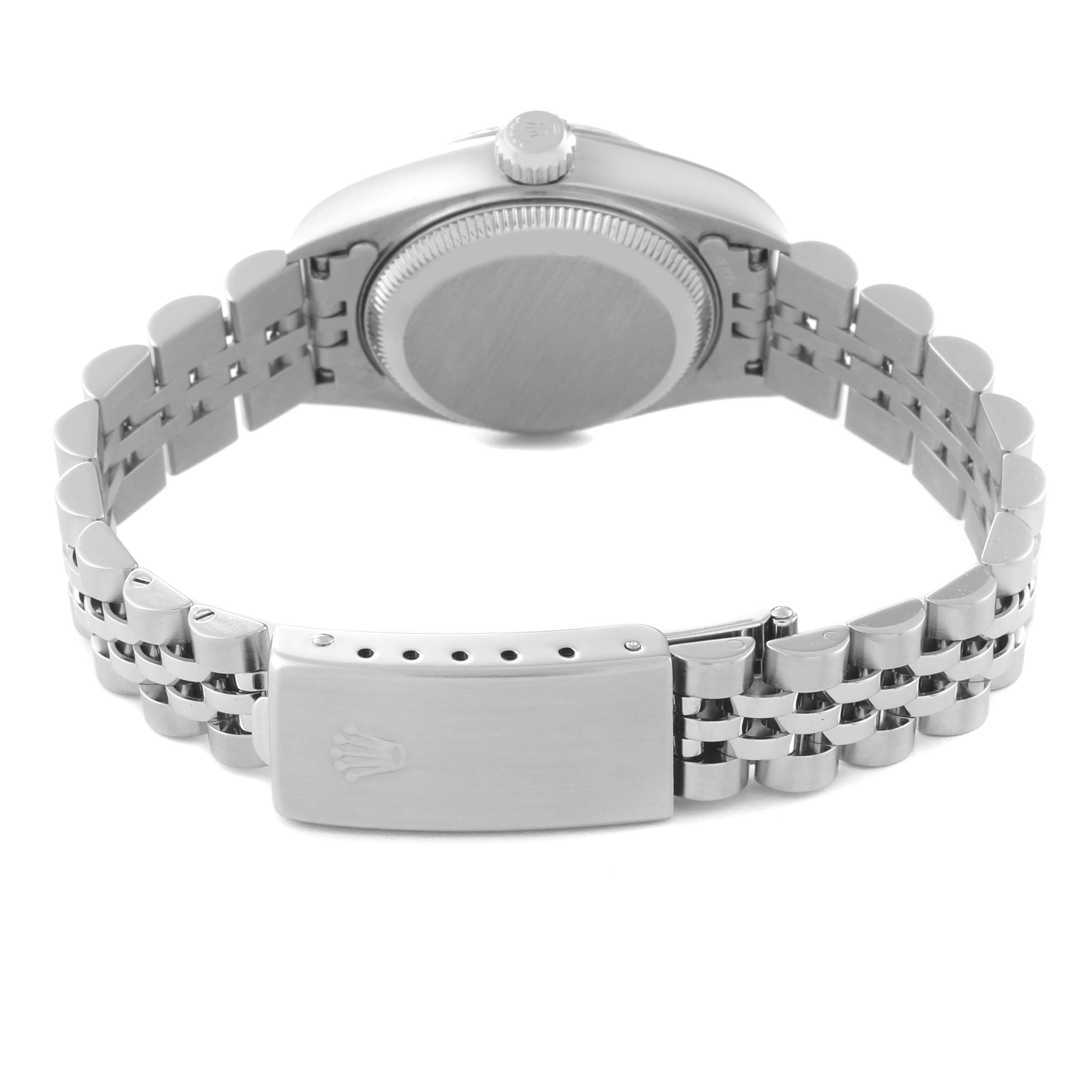 This image shows the backside and bracelet of a Rolex Datejust 79174 Women's Stainless Steel Mother of Pearl Dial 79174 Women's Stainless Steel Mother of Pearl Dial watch, highlighting the case back and clasp.