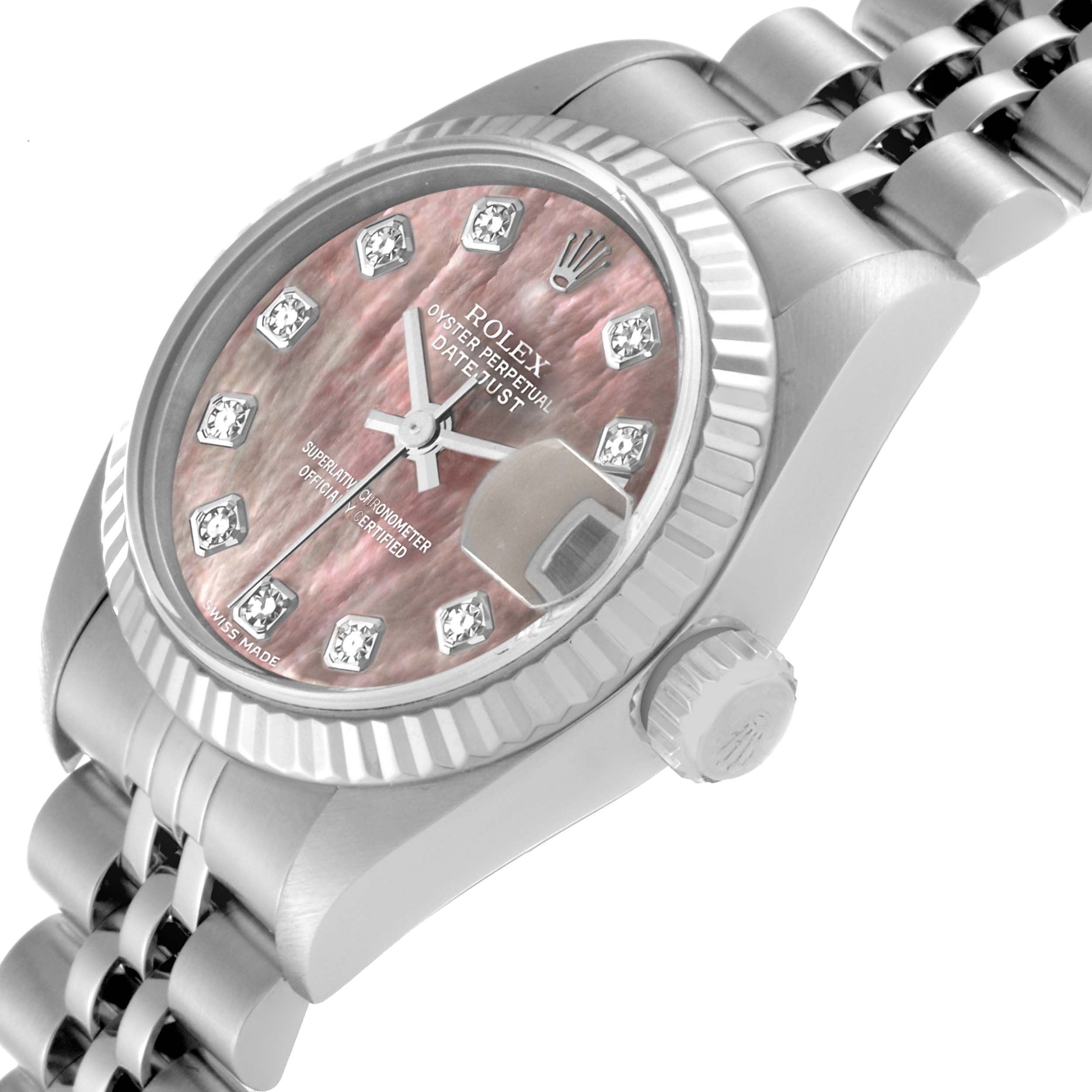 The image shows a close-up of a Rolex Datejust 79174 Women's Stainless Steel Mother of Pearl Dial 79174 Women's Stainless Steel Mother of Pearl Dial watch at an oblique angle, highlighting the dial, crown, and part of the bracelet.