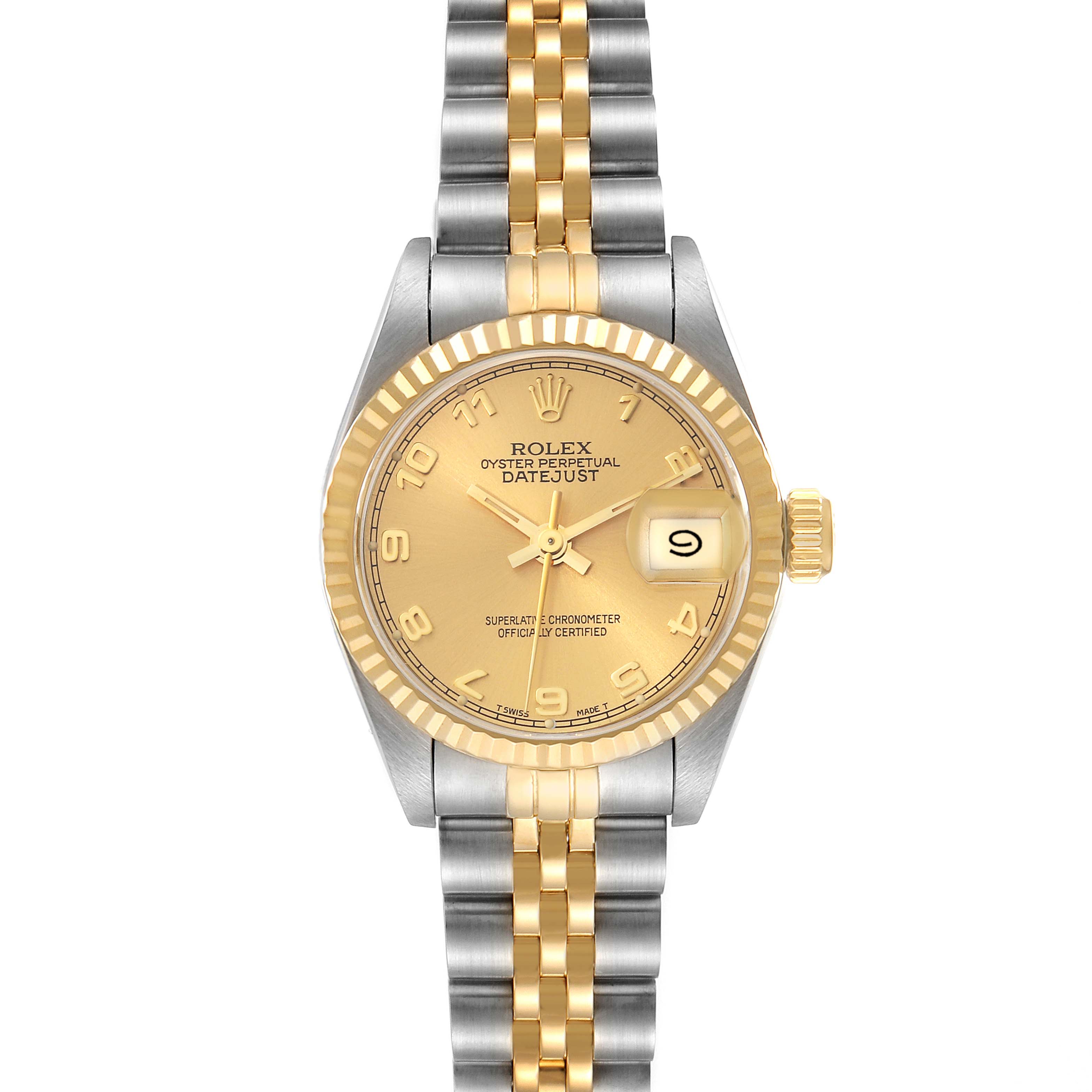 This image shows a top-down view of a Rolex Datejust 69173G Women's Steel and Gold (two tone) Champagne Dial 69173G Women's Steel and Gold (two tone) Champagne Dial model, displaying its gold face, bezel, and two-tone metal bracelet.