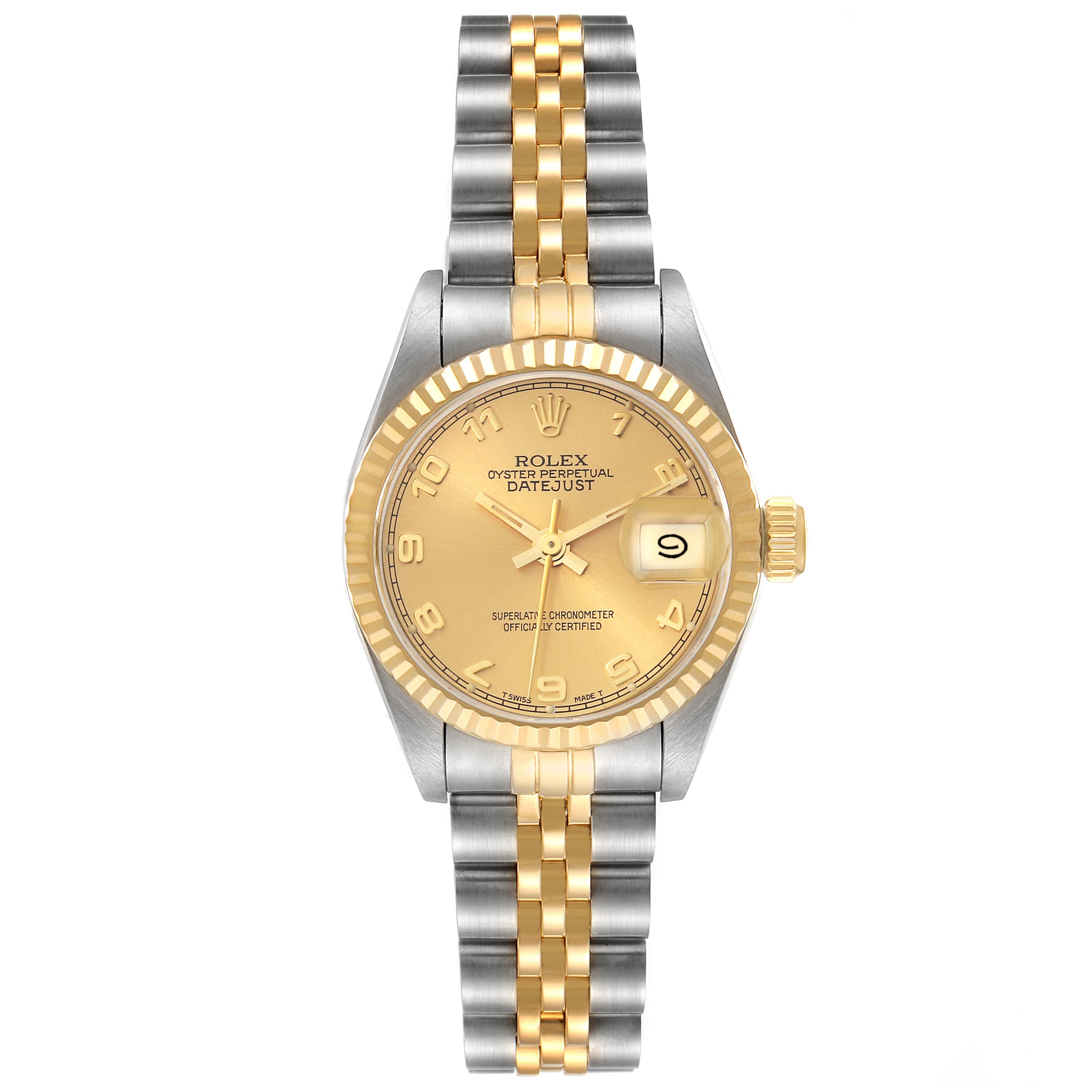The image shows a front view of the Rolex Datejust 69173G Women's Steel and Gold (two tone) Champagne Dial 69173G Women's Steel and Gold (two tone) Champagne Dial watch, displaying the dial, bezel, case, and two-tone bracelet.