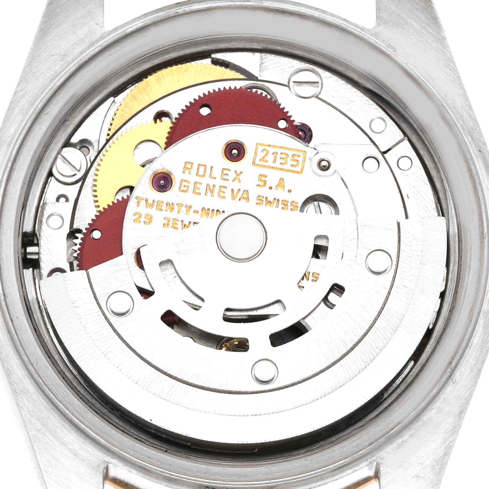 This image shows the internal mechanism and movement of the Rolex Datejust 69173G Women's Steel and Gold (two tone) Champagne Dial 69173G Women's Steel and Gold (two tone) Champagne Dial watch from a top-down view.