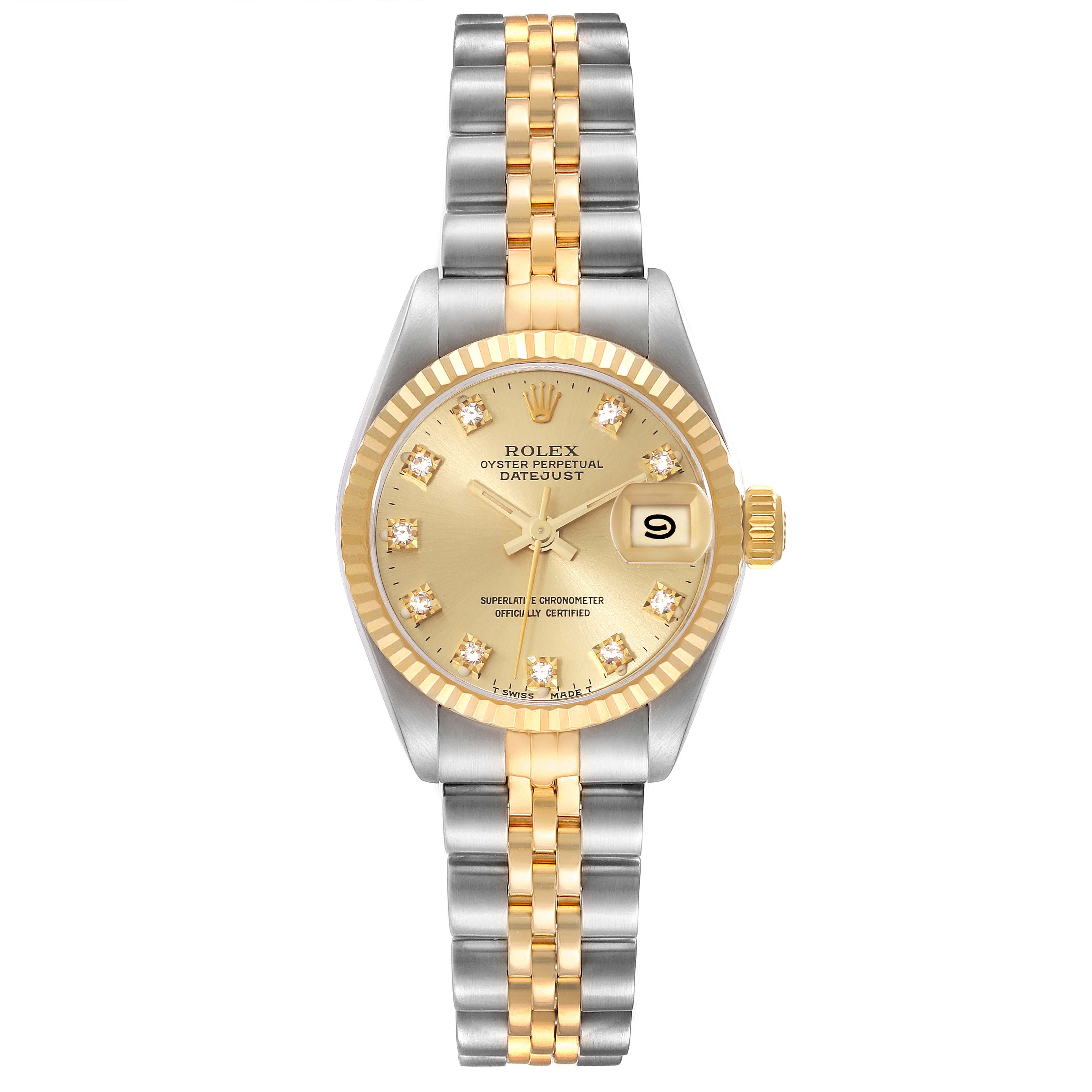 The Rolex Datejust 69173G Women's Steel and Gold (two tone) Champagne Dial 69173G Women's Steel and Gold (two tone) Champagne Dial watch is shown from a top-down angle, highlighting its gold and silver bracelet, champagne dial, and date display.