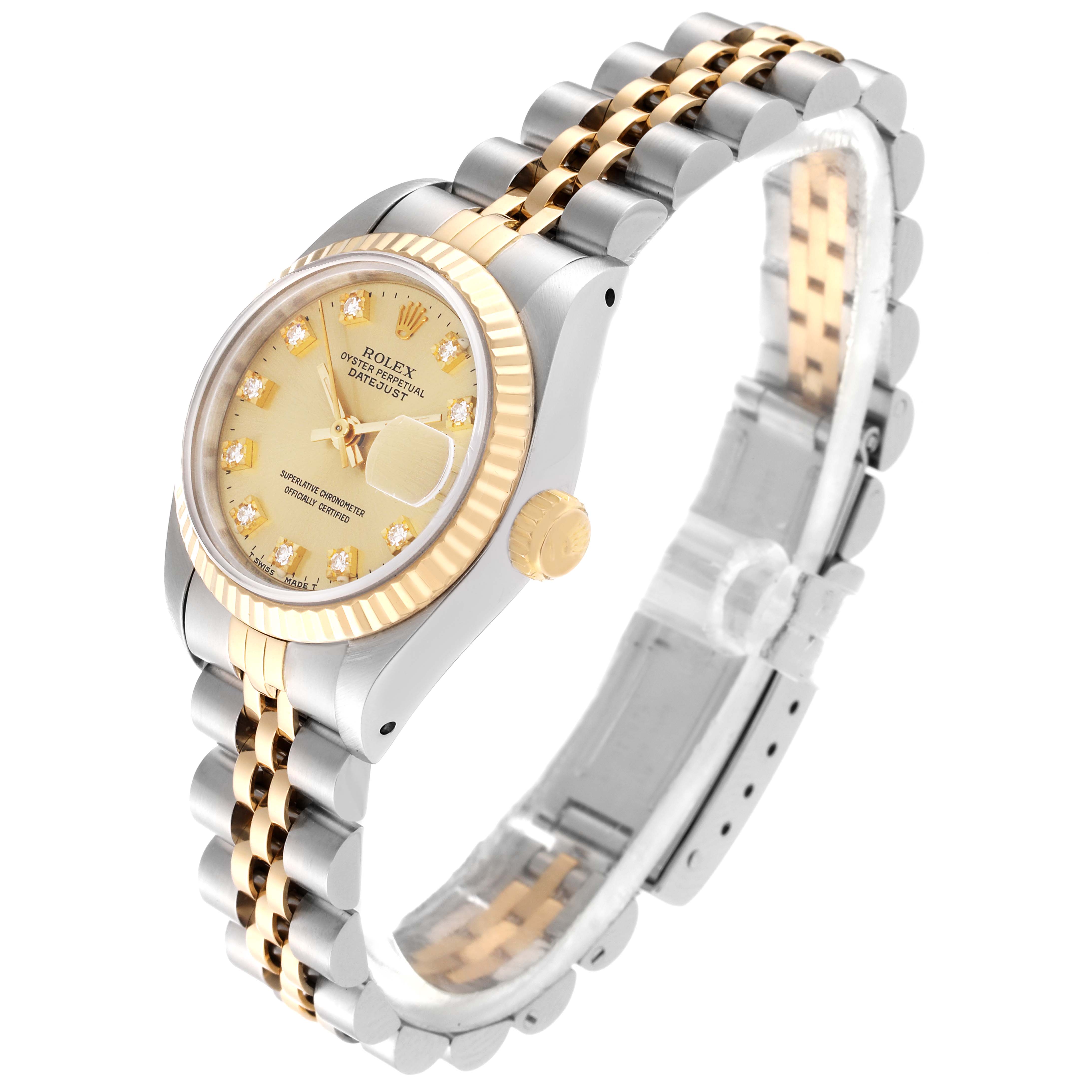 The Rolex Datejust 69173G Women's Steel and Gold (two tone) Champagne Dial 69173G Women's Steel and Gold (two tone) Champagne Dial watch is shown from an angled view, highlighting the dial, bezel, crown, and bracelet.